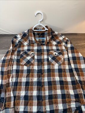 Frye Men's Brown and Navy Plaid Button-Up Shirt